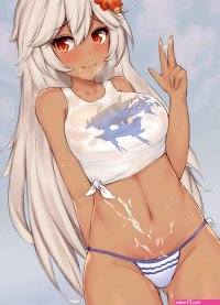 kuavera zooey granblue fantasy granblue fantasy silver hair 10s 1girl ahoge arm at side arm behind back artist name bikini bikini bottom only blue background blush breasts breath closed mouth cowboy shot
