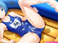blue hair cum game cg mizugi no shimobe-kun school swimsuit shiun short hair swimsuit wet
