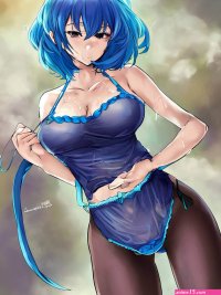 Porn image of blue hair anime cumshot lingerie pixie hair masturbation asian 18 created by AI