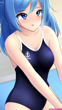 nokonoko urakaze kancolle kantai collection highres 1girl anchor symbol blue eyes blue hair blue one-piece swimsuit breasts breath character name collarbone competition school swimsuit crotch rub double bun female masturbation hair...