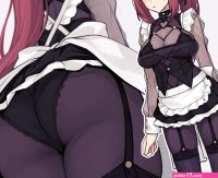 ass cleavage long hair ponytail purple hair red eyes French maid Scathach blushing garter belt headdress maid panties see-through dress underwear upskirt anime bodystocking maid outfit Fate series anime girls