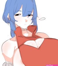 original highres... 1girl areola slip bare shoulders black eyes blue hair bored breasts cleavage cleavage cutout clothing cutout coat collared dress dress gimmogu huge breasts mole mole under eye nipple slip