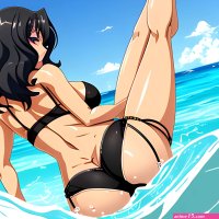 Animebeachrear viewcute girl tanned skin black curly hair...