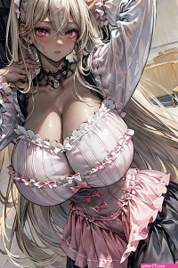 Anime girl with big breast posing in a restaurant