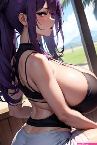 Anime Busty Huge Boobs 70s Age Ahegao Face Purple Hair Hair Bun Hair Style Dark Skin Crisp Anime Desert Side View Yoga Teacher 3667380661839075101
