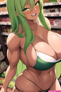Anime Muscular Huge Boobs 60s Age Laughing Face Green Hair Straight Hair Style Dark Skin Warm Anime Grocery Back View T Pose Stockings 3664454502373796509
