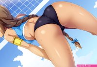 ass tanned thighs glutes braids back bent over long hair red eyes anime anime girls beach volleyball french braids sports bra tight clothing sweat sweaty body blushing sportswear rear view looking back