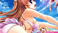 ass group of women long hair open mouth big boobs brunette sideboob anime beach volleyball anime girls boobs swimwear bikini pink swimsuit rear view looking back