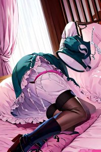Anime girl laying on a bed with a pink blanket and a backpack