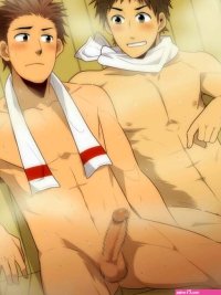 hihumi original 2boys blush erection male focus multiple boys nude penis sauna sitting smile steam testicles towel