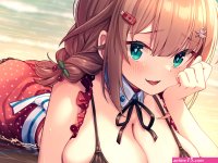 magowasabi akai haato hololive commentary request highres 1girl aqua eyes bare arms beach bikini bikini under clothes blue sky blush breast press breasts cleavage cloud day detached collar dress fork hair ornament