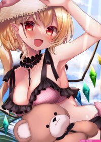 shanghai bisu flandre scarlet touhou french braid highres 1girl :d alternate breast size armpits between breasts bikini black mask blue sky blush bow bow bikini braid breast press breasts choker cleavage cloud