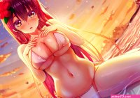 bikini blush breast hold bubbles clouds flowers long hair navel original red hair sky spread legs sunset swimsuit water wet yellow eyes zongmao