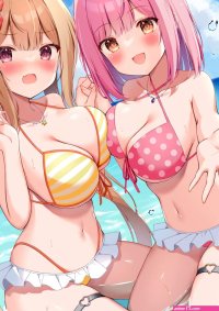 hannari369 original commentary request highres paid reward available 2girls asymmetrical docking bare arms bare shoulders bikini black ribbon blue sky blush breast press breasts brown eyes brown hair bubble cloud cloudy sky criss-cross...