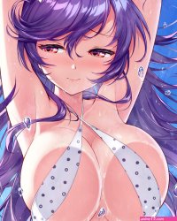 ivenglynn original looking away highres 1girl against glass bikini blue sky blush breast press breasts breasts on glass closed mouth day floating hair flower hair flower hair ornament large breasts lips long