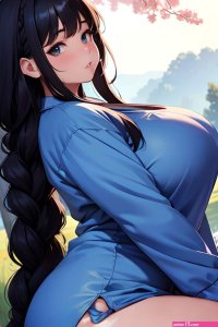 Anime Chubby Huge Boobs 18 Age Pouting Lips Face Black Hair Braided Hair Style Dark Skin Film Photo Meadow Side View Spreading Legs Pajamas 3690121228913616788