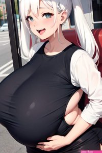 Anime Pregnant Huge Boobs 60s Age Laughing Face White Hair Pigtails Hair Style Dark Skin Soft Warm Bus Back View On Back Mini Skirt 3667539148281843992