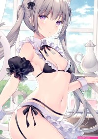 Wasabi-w cat girl small boobs waitress portrait display 2D anime anime girls digital art artwork animal ears tail twintails gray hair purple eyes maid bikini thigh-highs