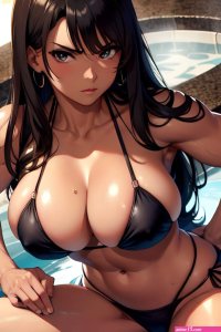 Anime Muscular Huge Boobs 60s Age Serious Face Brunette Straight Hair Style Dark Skin Vintage Hot Tub Close Up View Gaming Bikini 3686920616616996748
