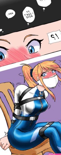 original absurdres artist request character request highres tagme 1boy 1girl bdsm bodysuit bondage border bound breasts chair chloroform comic english text full body gagged kidnapped purple background shoes simple background...