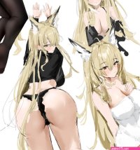 mianbei gai gai vulpisfoglia arknights arknights absurdres highres 1girl animal ear fluff animal ears black bra black panties black pantyhose black shirt blonde hair blush bra breasts closed mouth extra ears fox