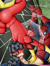 NSFW uncensored Marvel Comics hentai super hero porn art of SpiderWoman sucking Spider-Mans cock.