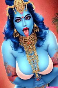 Image of huge breasts red lipstick nude hindu mukut on head realistic