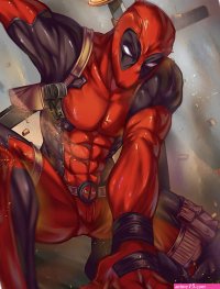 SFW full color sexy hentai comics parody art of Marvels X-men Deadpool with his legs spread wide in fan service illustration.