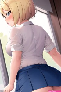Anime Chubby Small Tits 20s Age Angry Face Blonde Bobcut Hair Style Light Skin Crisp Anime Office Back View Jumping Mini Skirt 3664624582909561571