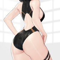 ass Hayabusa artist anime girls anime portrait display black hair purple eyes one-piece swimsuit