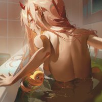 blonde bareback looking at viewer wet body nude Fajyobore Chainsaw Man anime girls Power Chainsaw Man anime horns water bathtub rubber ducks looking back in water wet bathing