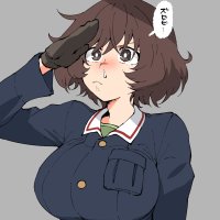 henriiku ahemaru akiyama yukari girls und panzer highres 1girl alternate breast size black jacket breasts brown eyes brown hair grey background jacket large breasts ooarai military uniform pocket salute sick snot solo -