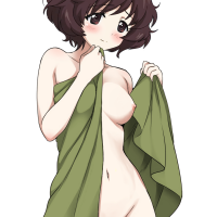 acrux akiyama yukari girls und panzer highres nude filter third-party edit 1girl blush breasts brown eyes brown hair cleft of venus female focus medium breasts naked towel navel nipples nude pussy short
