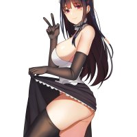 original characters big boobs sideboob dark hair red eyes lifting dress ass Gongba Laoge standing anime girls anime maid outfit thigh-highs no bra nopan