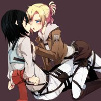 hinagi fox priest annie leonhart mikasa ackerman shingeki no kyojin 2girls after kiss arms behind back bdsm black eyes black hair blonde hair blue eyes blush bondage bound bound wrists femdom jacket