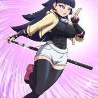 reit uzumaki himawari boruto: two blue vortex naruto series pink footwear highres 1girl aged up ahoge artist name black thighhighs blue eyes blunt bangs breasts facial mark forehead protector glint konohagakure symbol