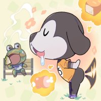 kopa nishikida camofrog animal crossing walker animal crossing animal crossing nintendo commentary request highres 2boys :d afterimage bench boned meat bread closed eyes clothes writing dog boy drooling food frog boy furry