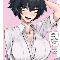 j.k. lady devil may cry devil may cry series commentary english commentary 1girl adjusting hair black hair black skirt blush border breasts cleavage collared shirt dress shirt embarrassed english text fang hair