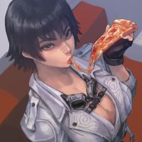 cirenk lady devil may cry devil may cry series devil may cry 5 absurdres highres 1girl black hair breasts cleavage cropped jacket eating fingerless gloves food from above gloves goggles goggles around