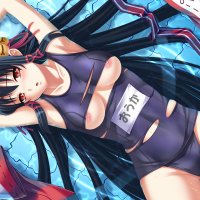 breasts gekkyouin ouka long hair nipples nipple slip obscene guild red eyes ribbons swimsuit tel-o underboob wet