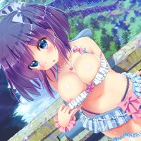 blue eyes blush bow breasts clouds ichi rin nipple slip original purple hair short hair skirt sky thighhighs water