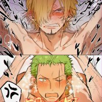 ynnn m roronoa zoro sanji one piece one piece commentary request highres angry beard blonde hair blue eyes colored skin earrings facial hair flustered green hair happy hickey implied sex jewelry looking