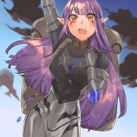 yun-yang esil radiru solo leveling highres 1girl armor backpack bag blue sky blunt bangs demon girl earrings fang jewelry long hair pointy ears purple hair red eyes sidelocks sky thigh gap -