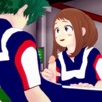 Ochako Uraraka plays hard with Izuku Midoriyas penis in the warehouse.