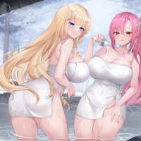 ass long hair big boobs tongue out smiling ponytail looking at viewer wet body anime anime girls towel blushing standing in water water snow wet trees hot spring