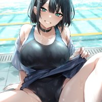 ass big boobs lifting skirt wet body blue eyes Iriehana anime anime girls water wet swimwear