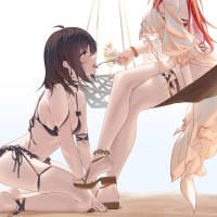 Wallpaper : anime girls yuri lesbians spoon legs crossed tongue out swimwear minimalism white background simple background feet choker short hair 1543x1234