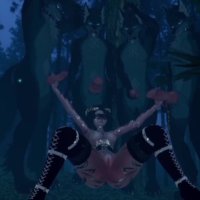 little red riding hood and four furry wolves in the forest