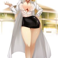 spiz tearju lunatique to love-ru highres 1girl anklet between breasts black skirt blonde hair breast expansion breasts cleavage collared shirt glasses green eyes hand on own hip hand up jewelry lab coat