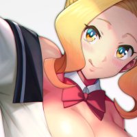 bajima shouhei blonde hair blush bow breasts cleavage close kono subarashii sekai ni shukufuku wo! luna konosuba school uniform short hair white yellow eyes